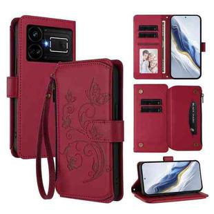 For Realme GT5 240W / GT5 5G Butterfly Love Flower Multi-card Zipper Wallet Leather Phone Case(Wine Red)