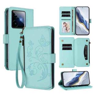 For Realme GT 7 5G India Butterfly Love Flower Multi-card Zipper Wallet Leather Phone Case(Mint Green)