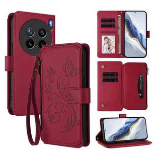 For vivo X200s Butterfly Love Flower Multi-card Zipper Wallet Leather Phone Case(Wine Red)