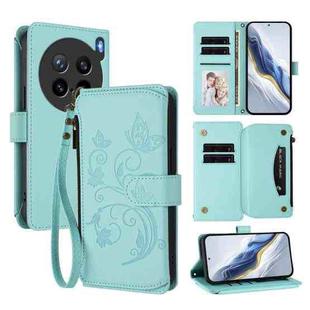 For vivo X200s Butterfly Love Flower Multi-card Zipper Wallet Leather Phone Case(Mint Green)