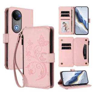 For vivo V50 5G Global / V50e 5G Butterfly Love Flower Multi-card Zipper Wallet Leather Phone Case(Pink)