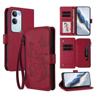 For vivo Y19s 4G Global / Y29 5G India Butterfly Love Flower Multi-card Zipper Wallet Leather Phone Case(Wine Red)