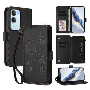 For vivo Y19s 4G Global / Y29 5G India Butterfly Love Flower Multi-card Zipper Wallet Leather Phone Case(Black)
