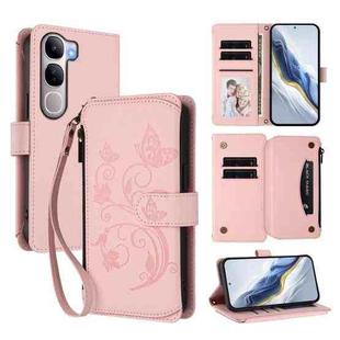 For vivo Y300 5G Global / V40 Lite IDN Butterfly Love Flower Multi-card Zipper Wallet Leather Phone Case(Pink)