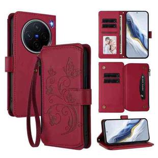 For vivo X200 5G Butterfly Love Flower Multi-card Zipper Wallet Leather Phone Case(Wine Red)