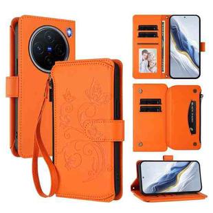 For vivo X200 5G Butterfly Love Flower Multi-card Zipper Wallet Leather Phone Case(Orange)