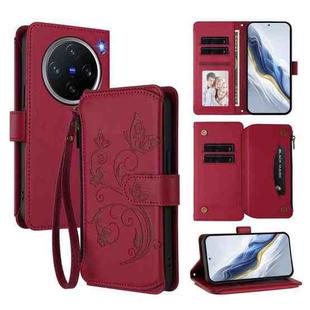 For vivo X200 Pro mini Butterfly Love Flower Multi-card Zipper Wallet Leather Phone Case(Wine Red)