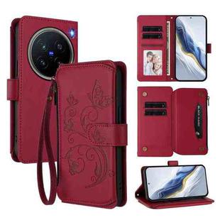 For vivo X200 Pro 5G Butterfly Love Flower Multi-card Zipper Wallet Leather Phone Case(Wine Red)