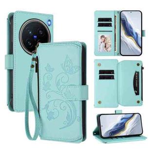 For vivo X200 Pro 5G Butterfly Love Flower Multi-card Zipper Wallet Leather Phone Case(Mint Green)
