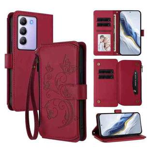 For vivo Y100 5G IDN / Y200e Global Butterfly Love Flower Multi-card Zipper Wallet Leather Phone Case(Wine Red)
