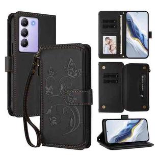 For vivo Y100 5G IDN / Y200e Global Butterfly Love Flower Multi-card Zipper Wallet Leather Phone Case(Black)
