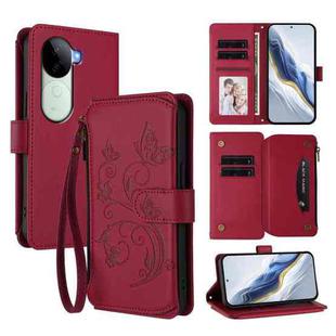 For vivo V40e 5G India / iQOO Z9s 5G Butterfly Love Flower Multi-card Zipper Wallet Leather Phone Case(Wine Red)
