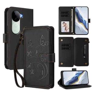 For vivo V40e 5G India / iQOO Z9s 5G Butterfly Love Flower Multi-card Zipper Wallet Leather Phone Case(Black)