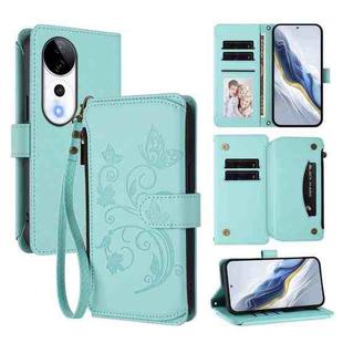 For vivo V40 5G / V40 Pro 5G Butterfly Love Flower Multi-card Zipper Wallet Leather Phone Case(Mint Green)