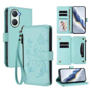 For vivo Y03 / Y18 Global / Y28s 5G Butterfly Love Flower Multi-card Zipper Wallet Leather Phone Case(Mint Green)