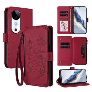 For vivo S19 Butterfly Love Flower Multi-card Zipper Wallet Leather Phone Case(Wine Red)