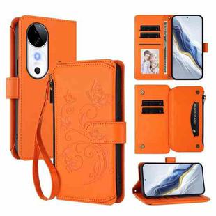 For vivo S19 Butterfly Love Flower Multi-card Zipper Wallet Leather Phone Case(Orange)