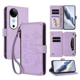 For vivo S19 Butterfly Love Flower Multi-card Zipper Wallet Leather Phone Case(Light Purple)