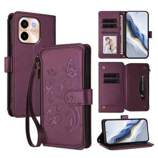 For vivo Y28 4G Global Butterfly Love Flower Multi-card Zipper Wallet Leather Phone Case(Dark Purple)