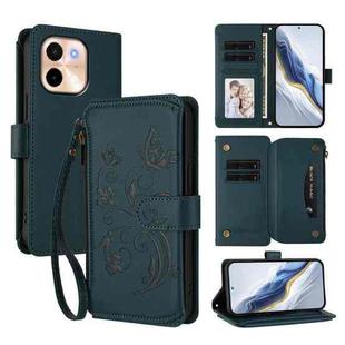 For vivo Y28 4G Global Butterfly Love Flower Multi-card Zipper Wallet Leather Phone Case(Dark Green)