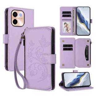 For vivo Y28 4G Global Butterfly Love Flower Multi-card Zipper Wallet Leather Phone Case(Light Purple)