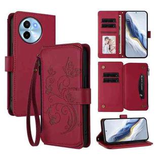 For vivo Y38 5G Global / T3X 5G Butterfly Love Flower Multi-card Zipper Wallet Leather Phone Case(Wine Red)