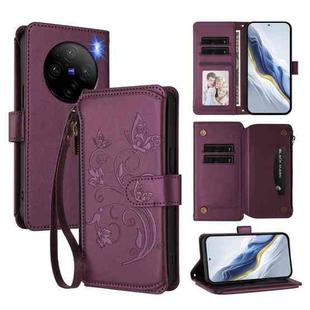 For vivo X100 Pro / X100s Pro Butterfly Love Flower Multi-card Zipper Wallet Leather Phone Case(Dark Purple)