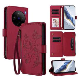 For vivo X100s 5G Butterfly Love Flower Multi-card Zipper Wallet Leather Phone Case(Wine Red)