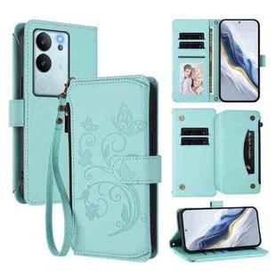 For vivo V29e / Y200 / V30 Lite 5G Butterfly Love Flower Multi-card Zipper Wallet Leather Phone Case(Mint Green)