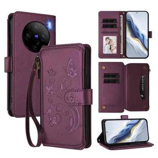 For vivo X100 5G Butterfly Love Flower Multi-card Zipper Wallet Leather Phone Case(Dark Purple)
