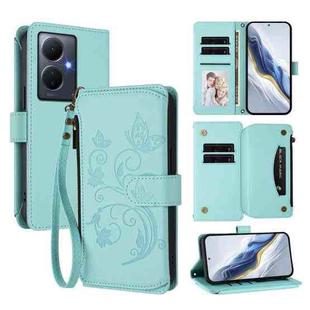 For vivo Y78+ 5G Global / V29 Lite Butterfly Love Flower Multi-card Zipper Wallet Leather Phone Case(Mint Green)