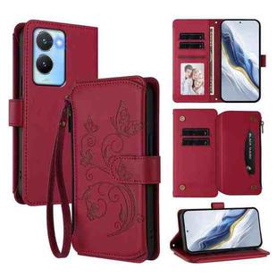 For vivo Y56 5G Global / Y16 4G Global Butterfly Love Flower Multi-card Zipper Wallet Leather Phone Case(Wine Red)