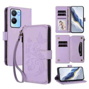 For vivo Y56 5G Global / Y16 4G Global Butterfly Love Flower Multi-card Zipper Wallet Leather Phone Case(Light Purple)