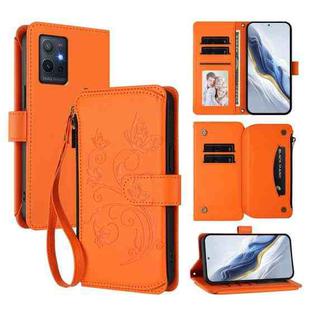 For vivo Y55s 5G 2023 / Y55 5G Global Butterfly Love Flower Multi-card Zipper Wallet Leather Phone Case(Orange)