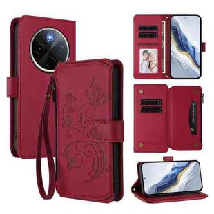 For vivo Y300 Pro+ 5G / iQOO Z10 5G Butterfly Love Flower Multi-card Zipper Wallet Leather Phone Case(Wine Red)