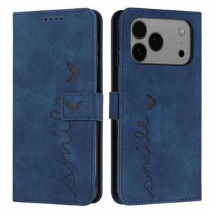 For iPhone 17 Pro Max Skin Feel Heart Embossed Leather Phone Case with Long Lanyard(Blue)