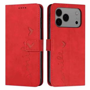 For iPhone 17 Pro Max Skin Feel Heart Embossed Leather Phone Case with Long Lanyard(Red)