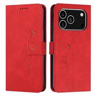 For iPhone 17 Pro Skin Feel Heart Embossed Leather Phone Case with Long Lanyard(Red)