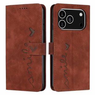For iPhone 17 Pro Skin Feel Heart Embossed Leather Phone Case with Long Lanyard(Brown)