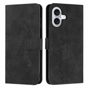 For iPhone 17 Skin Feel Heart Embossed Leather Phone Case with Long Lanyard(Black)