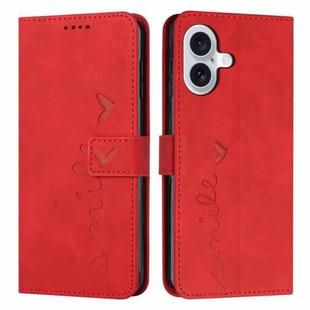 For iPhone 17 Skin Feel Heart Embossed Leather Phone Case with Long Lanyard(Red)