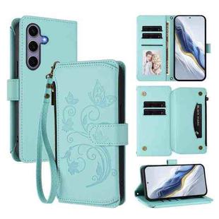 For Samsung Galaxy S24 / S25 5G Butterfly Love Flower Multi-card Zipper Wallet Leather Phone Case(Mint Green)