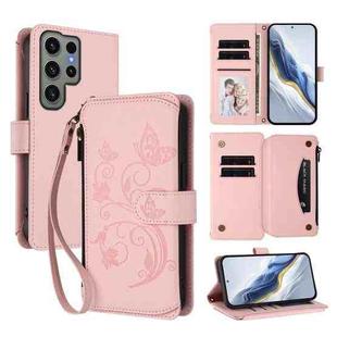 For Samsung Galaxy S23 Ultra 5G Butterfly Love Flower Multi-card Zipper Wallet Leather Phone Case(Pink)