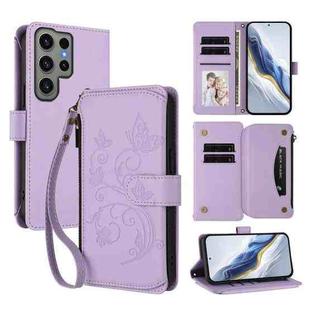 For Samsung Galaxy S23 Ultra 5G Butterfly Love Flower Multi-card Zipper Wallet Leather Phone Case(Light Purple)