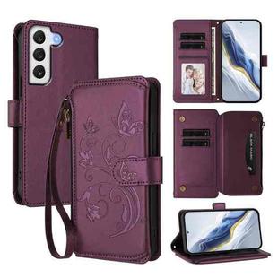 For Samsung Galaxy S21 5G Butterfly Love Flower Multi-card Zipper Wallet Leather Phone Case(Dark Purple)