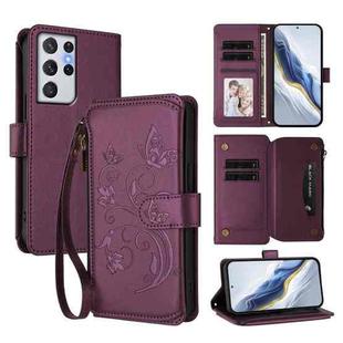 For Samsung Galaxy S21 Ultra 5G Butterfly Love Flower Multi-card Zipper Wallet Leather Phone Case(Dark Purple)