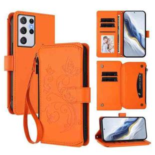 For Samsung Galaxy S21 Ultra 5G Butterfly Love Flower Multi-card Zipper Wallet Leather Phone Case(Orange)