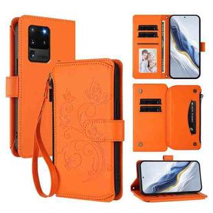For Samsung Galaxy S20 Ultra Butterfly Love Flower Multi-card Zipper Wallet Leather Phone Case(Orange)