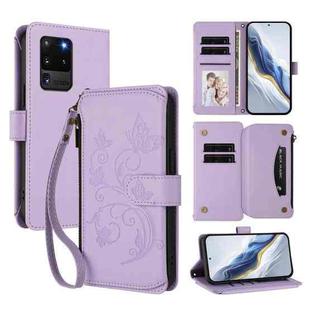 For Samsung Galaxy S20 Ultra Butterfly Love Flower Multi-card Zipper Wallet Leather Phone Case(Light Purple)
