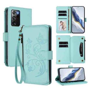 For Samsung Galaxy Note20 Ultra Butterfly Love Flower Multi-card Zipper Wallet Leather Phone Case(Mint Green)